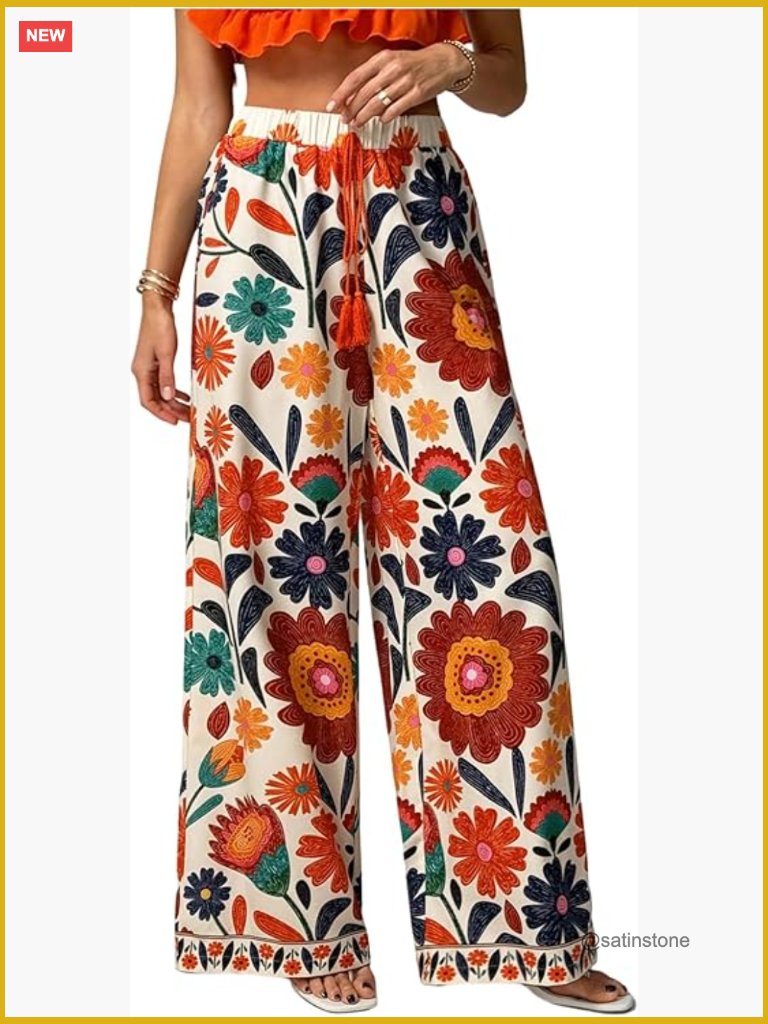 Boho Floral Wide Leg Palazzo Pants Beach Vacation Elastic Waist